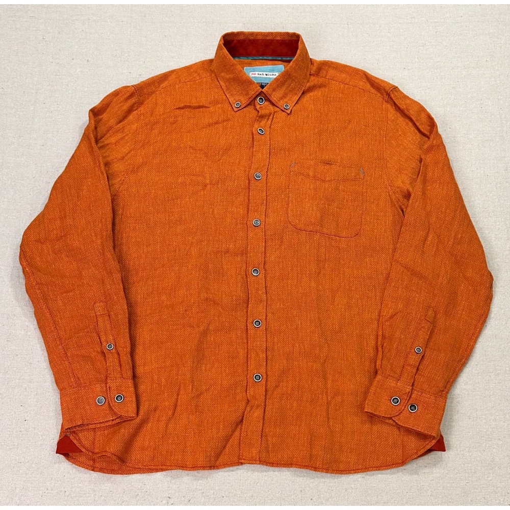 32 Bar Blues Mens Large Burnt Orange Linen Blend Button Down Long Sleeve Shirt